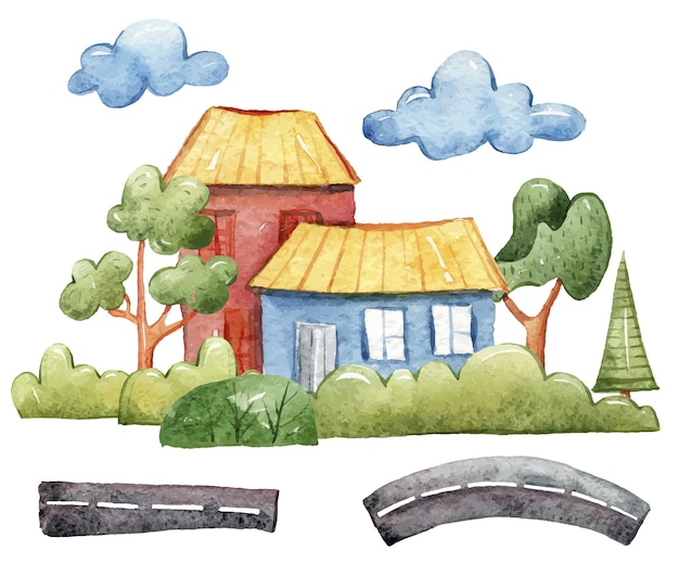 Aquarell süßes cartoon-haus-clipart-set gemütliche hausillustration für aufkleber druckt sublimation