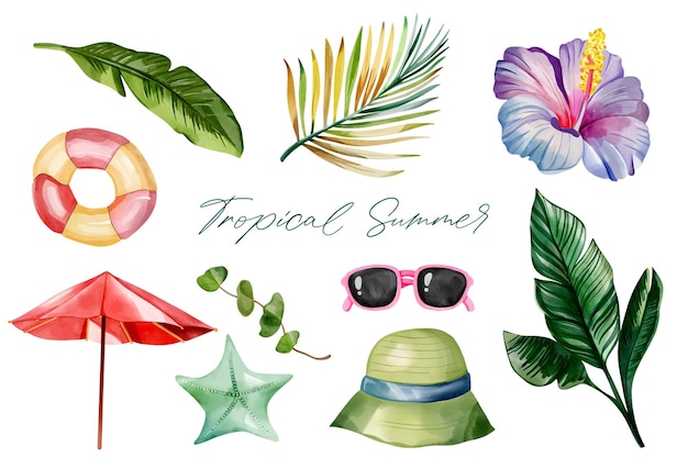 Aquarell-Tropik-Set, handgezeichnetes Sommer-Clipart, Sommerelemente, exotische Blumen, Palmblätter