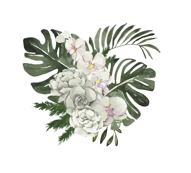 Aquarell tropischer blumenstrauß mit weißen rosen und monstera-blättern