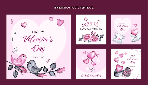 Vektor aquarell valentinstag instagram posts sammlung