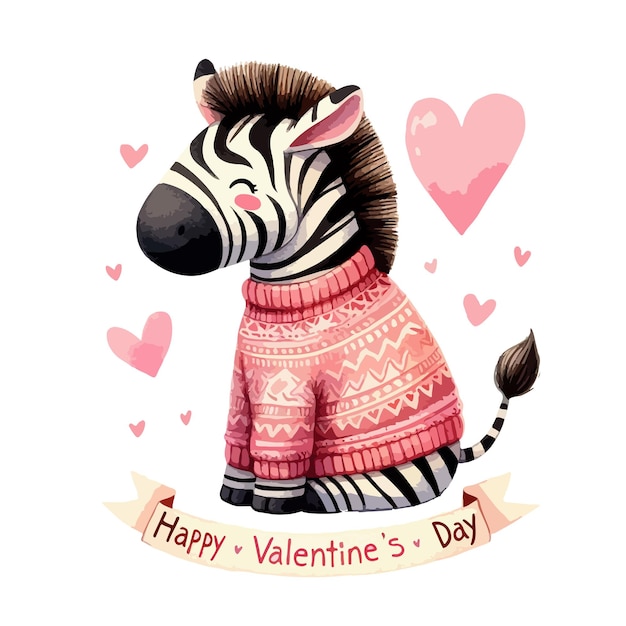 Aquarell-Valentinstagkarten-Kinderillustration mit Tierzebra