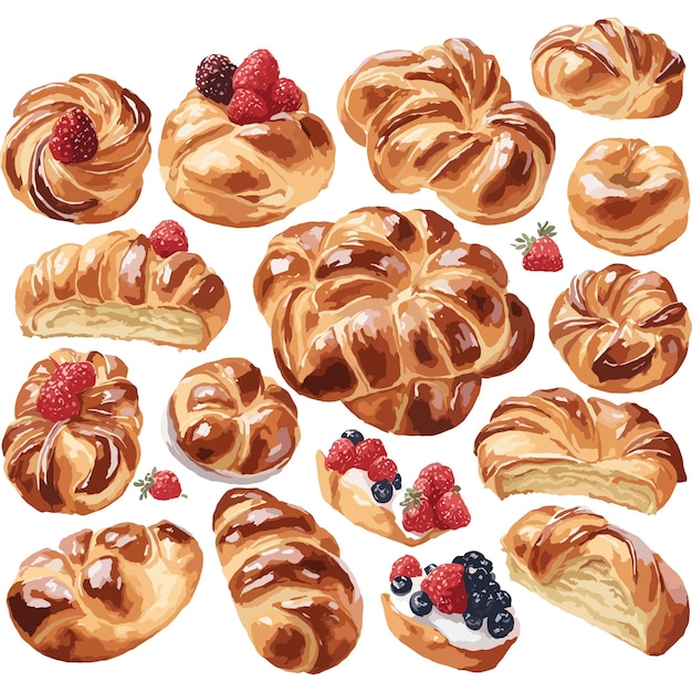 Vektor aquarell-vektor-brioche-gebäck-cliparts, bearbeitbarer weißer hintergrund