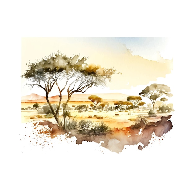 Aquarell vektor pastellfarbene horizontale illustration mit afrikanischem landschaftswiesengras und akazie