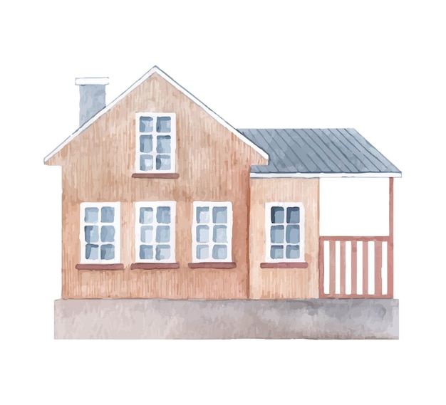 Aquarell Vektor süßes ländliches rotbraunes Haus Vintage handgezeichnete Illustration