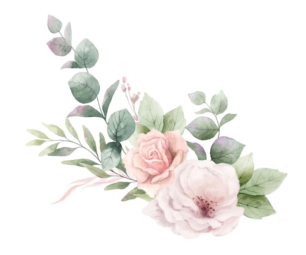 Aquarell-Vektorblumenbucket Staubige rosa Rosenblumen und Eukalyptusblätter