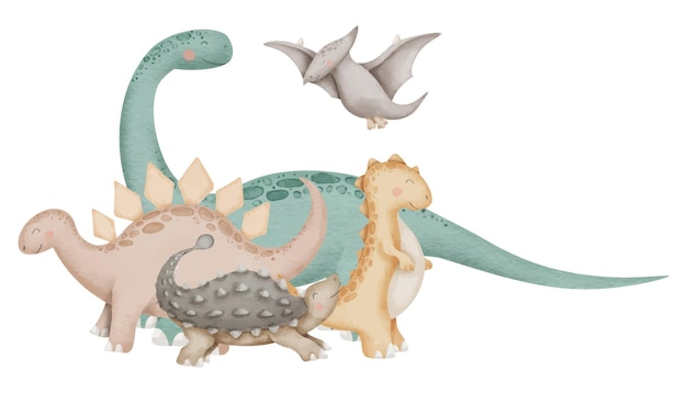 Vektor aquarell-vektorillustration von dinosauriern, handgezeichnet auf isolierten weißen hintergrund baby-dino-freunde, niedlicher druck, zeichentrickfigur für karten und aufkleber lustige tiere, skizzen für kinder