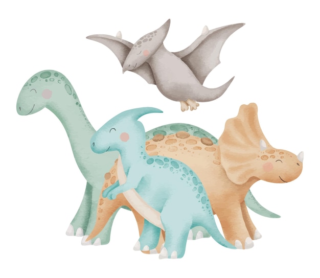 Aquarell-vektorillustration von dinosauriern schöne baby-dino-freunde handgezeichnete clip-art auf isolierten hintergrund komposition verschiedener tiere zeichnung von zeichentrickfiguren kinder lustiger druck für aufkleber