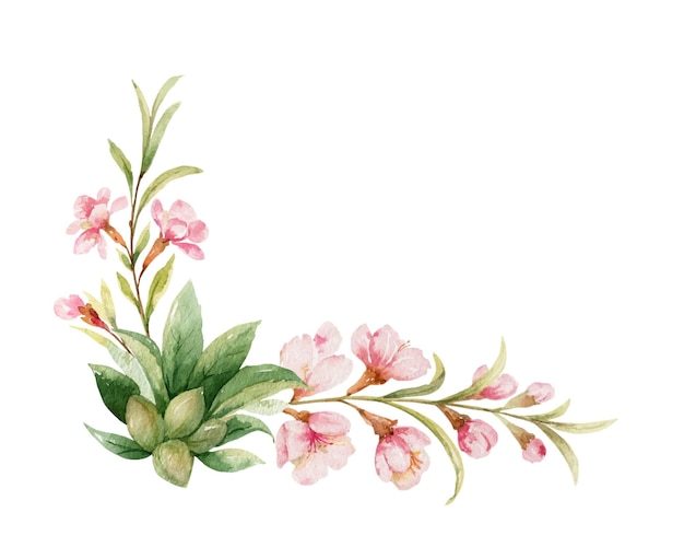 Aquarell-vektorkranz aus rosa blumen und mandelblättern