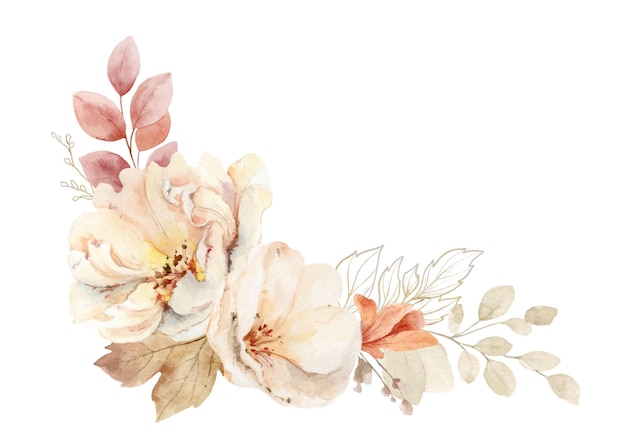 Aquarell-vektorkranz mit blumen und blättern isoliert auf weißem hintergrund. trendiges zartes helles rouge einer rose, perfekt für grußkarten, hochzeiten, schreibwaren, mode und dekorationen