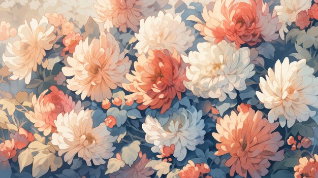 Vektor aquarell-vintage-chrysanthemum-thema mit komplementären hintergrundfarben