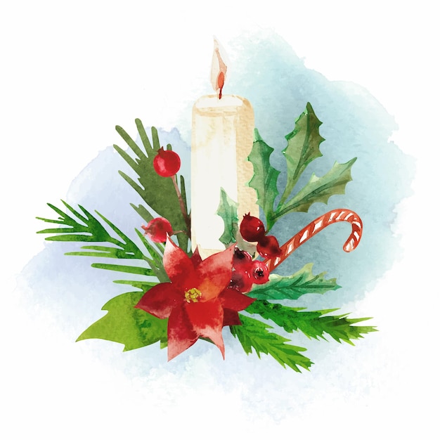 Aquarell Vintage Weihnachtskomposition mit Tannenzweigen Poinsentia und Kerze