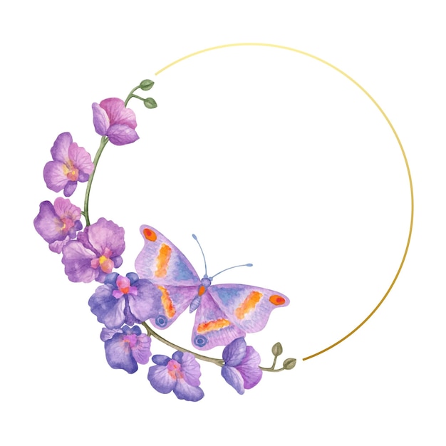 Aquarell violetter orchideenblütenzweig mit goldenem rahmen und schmetterling