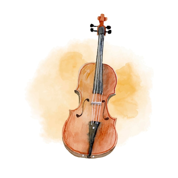 Aquarell Violine mit orangefarbenem abstrakten Fleck Vektormusikinstrument Cello für Orchester