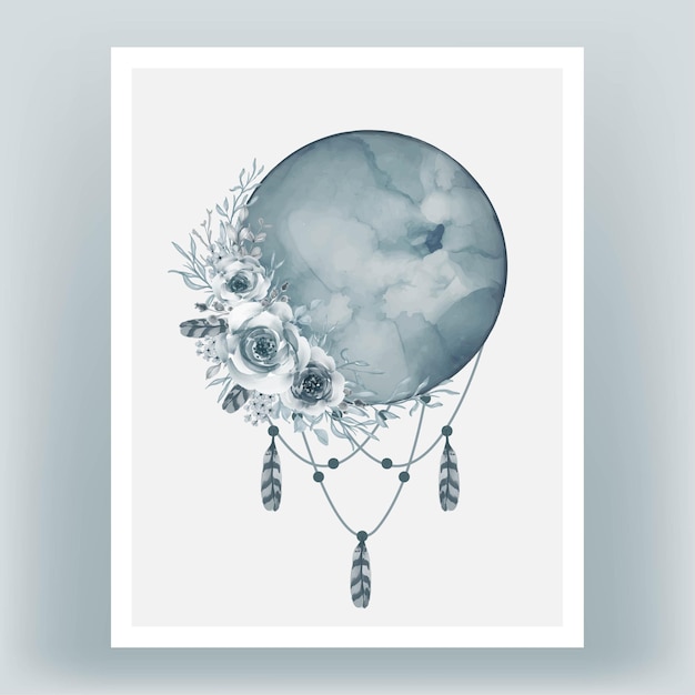 Aquarell vollmond in kadettenblau mit blume