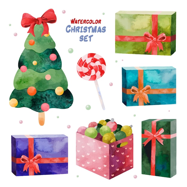 Aquarell von geschenkbox und weihnachtsbaum