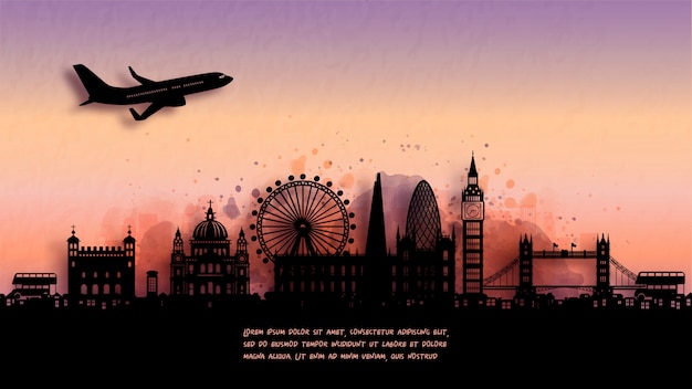 Aquarell von London, England Silhouette Skyline und berühmtes Wahrzeichen. Illustration.