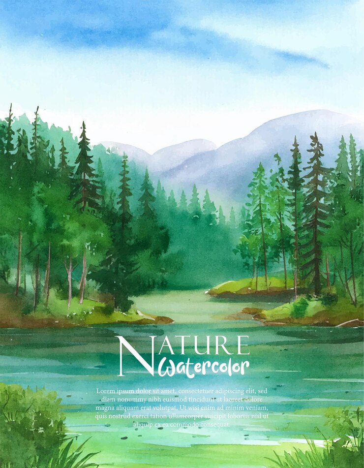 Vektor aquarell waldlandschaft hintergrund schöne aquarell naturlandschaft mit see berg