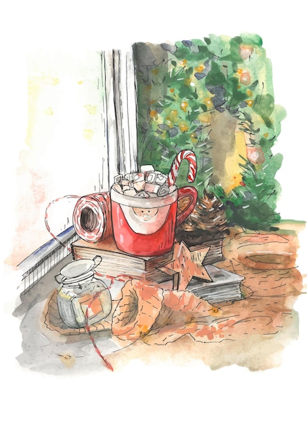 Aquarell weihnachten handgezeichnete illustration tasse kakao mit marshmallows und weihnachtsdekoration