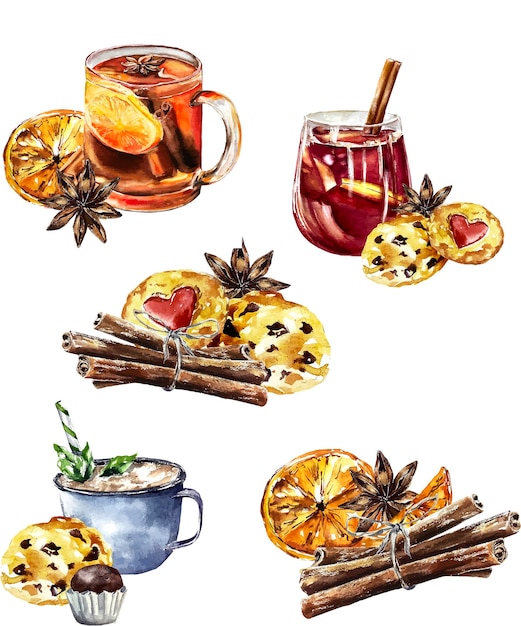 Aquarell weihnachten winter heiße getränke süßigkeiten spieces essen illustration