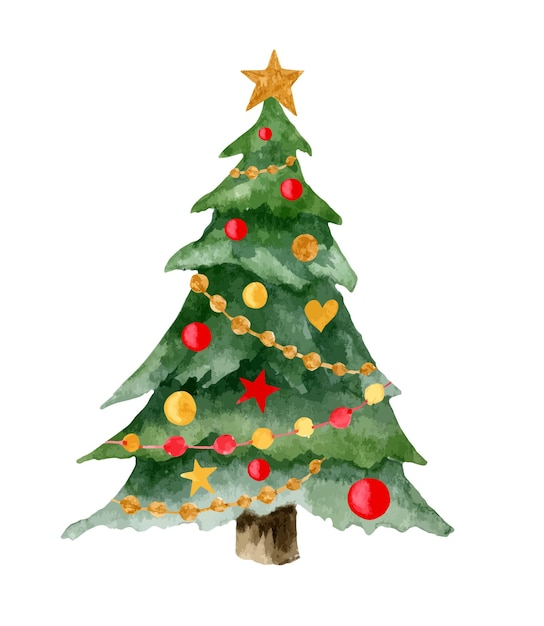 Aquarell weihnachtsbaum mit bunten roten und goldenen spielzeugen und girlanden handgemalte illustration der immergrünen fichte für neujahrspostkarten und grußkarten isoliertes element auf weißem hintergrund