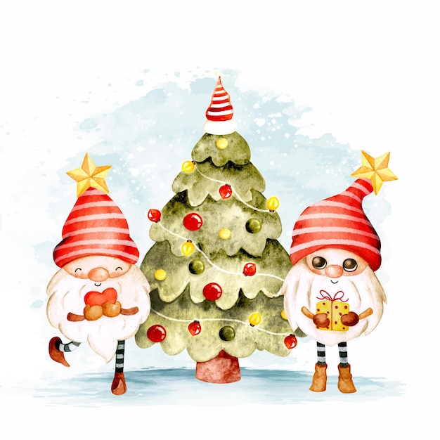 Aquarell Weihnachtsbaum und Gnom