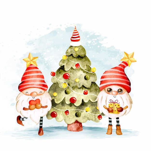 Aquarell weihnachtsbaum und gnom