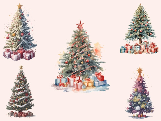 Aquarell-weihnachtsbaum-vektor-illustrationssatz