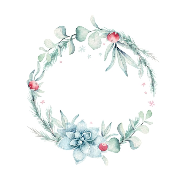 Aquarell-weihnachtsblumenkranz. handgemalter winterrahmen aus weißen und blauen blättern, zapfen und beeren isoliert auf weißem hintergrund. botanische illustration für designdruck oder hintergrund