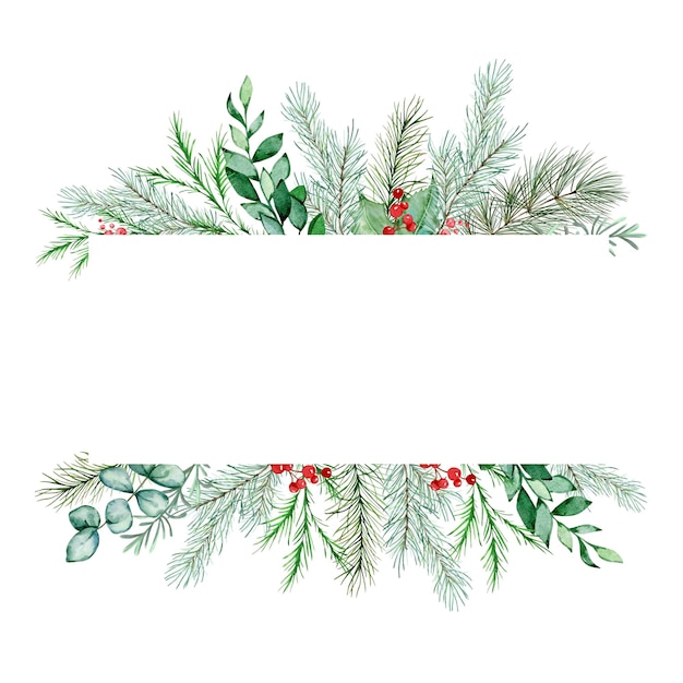 Aquarell Weihnachtsblumenrahmen. Postkarte im botanischen Design mit traditionellem Dekor aus Winterpflanzen