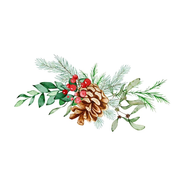Aquarell Weihnachtsblumenstrauß. Postkarte im botanischen Design mit traditionellem Dekor aus Winterpflanzen