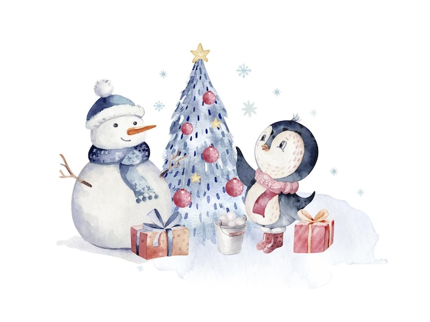Aquarell Weihnachtsfigur Pinguin Illustration Winter Cartoon niedlich lustig Tier Urlaub Weihnachten