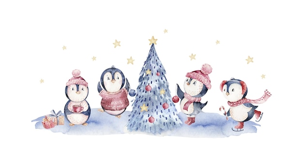 Aquarell Weihnachtsfigur Pinguin Illustration Winter Cartoon niedlich lustig Tier Urlaub Weihnachten