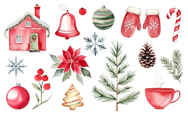 Aquarell-Weihnachtsgestaltung Botanische Pflanzen Blumen und Schneeflocken Beeren und festliche Dekorationen