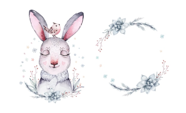 Aquarell-weihnachtsillustration mit süßen tieren hase winter-neujahrs-design