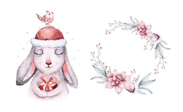 Aquarell-weihnachtsillustration mit süßen tieren hase winter-neujahrs-design