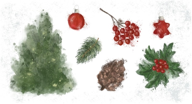 Aquarell Weihnachtsschmuck aus den Zweigen der Bäume Holly