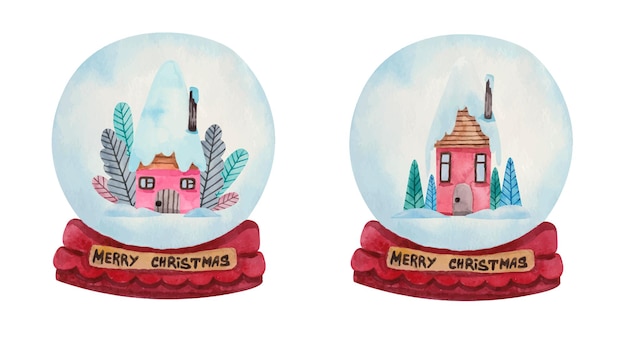 Aquarell-Weihnachtsschneeballkugeln mit rosa Häusern innen