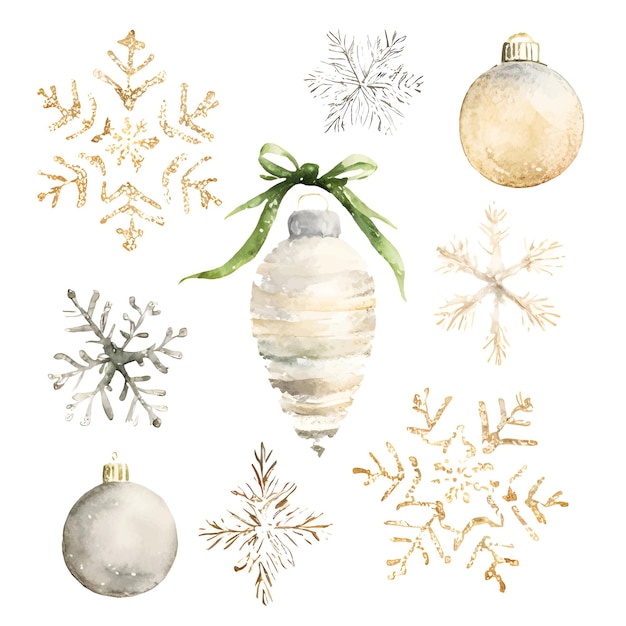 Vektor aquarell-weihnachtsspielzeug und schneeflocken-set mit illustrationen auf weißem hintergrund sammlung von weihnachtsdekorationen im retro-stil vektorillustration