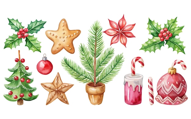 Aquarell-Weihnachtssymbole Clipart-Set, isoliert vom weißen Hintergrund
