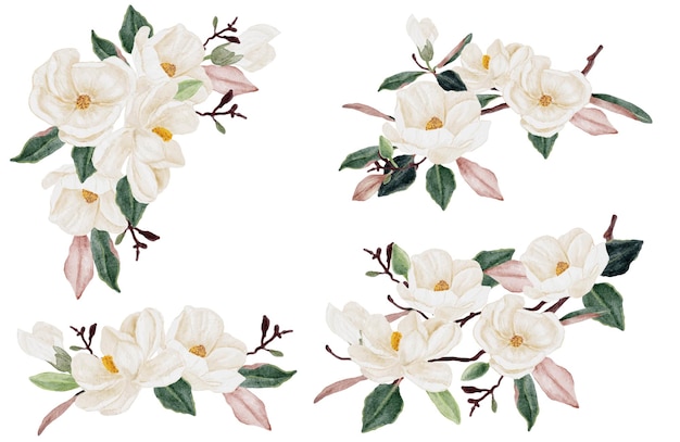 Aquarell weiße Magnolie Blumen- und Blattblumenstrauß Clipart-Sammlung isoliert auf weißem Hintergrund