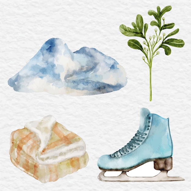 Aquarell Winterelement Bergmisteldecke und Schlittschuh