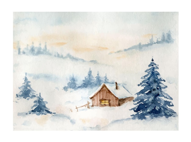 Aquarell winterlandschaft mit bergen und wald