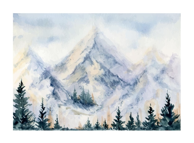 Aquarell Winterlandschaft mit Bergen und Wald