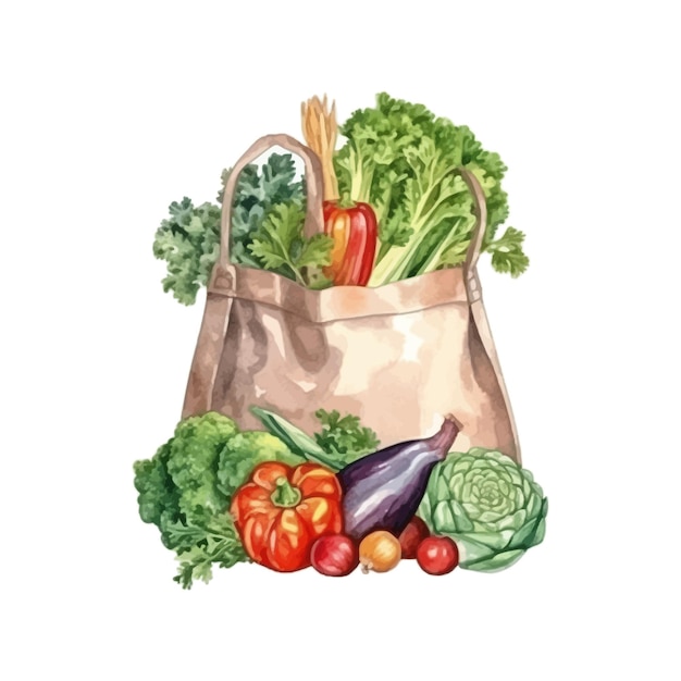 Aquarellbeutel voller frischem gemüse, salat, brokkoli, karotte, wassermelone, kürbis, paprika, tomate im bastelbeutel