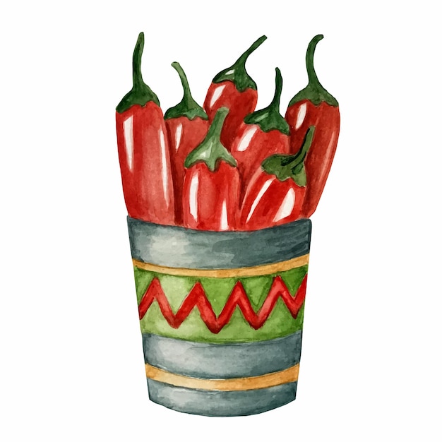 Vektor aquarellbild einer chilischote traditionelle mexikanische küche lateinisches essen