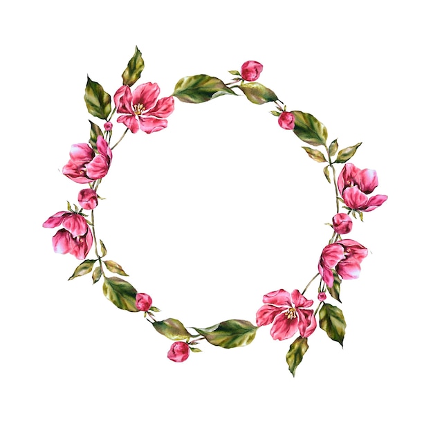 Aquarellbild von einem Apfelbaumzweig mit blühenden rosa Blüten, grünen Blättern, Knospen