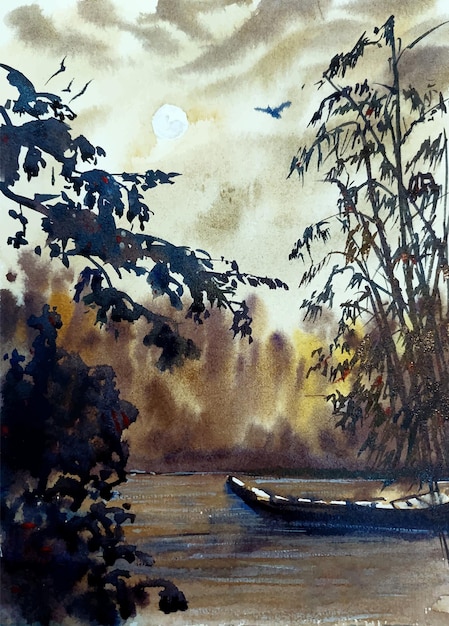 Vektor aquarellbild von see und boot, handgezeichnet