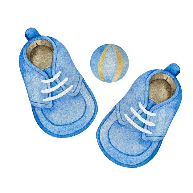 Aquarellblaue Schuhe für Babyjungen mit weißen Schnürsenkeln Draufsicht isoliert auf weiß. Jungenstiefelette mit Ball