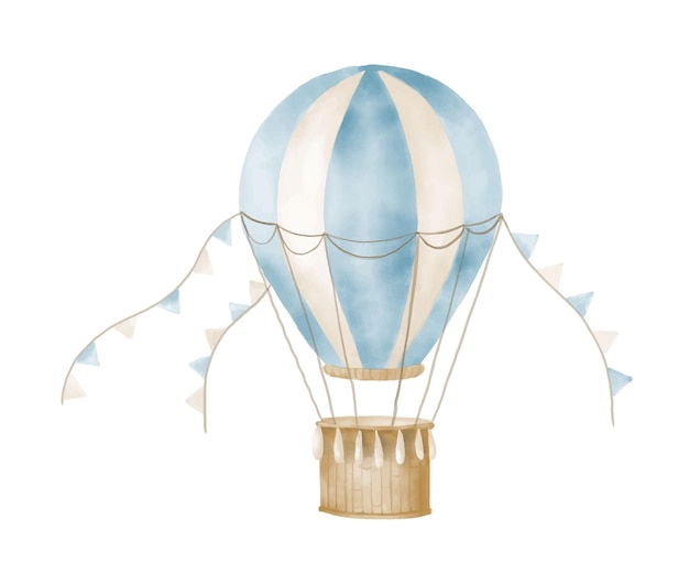 Aquarellblauer Luftballon mit Korb und Wimpel Handgemalte Illustration für Kinderdesign