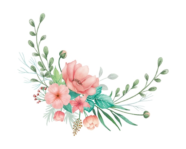 Aquarellblumenanordnung für Hochzeitseinladung mit Korallenanemonenknospen und grünen Blättern